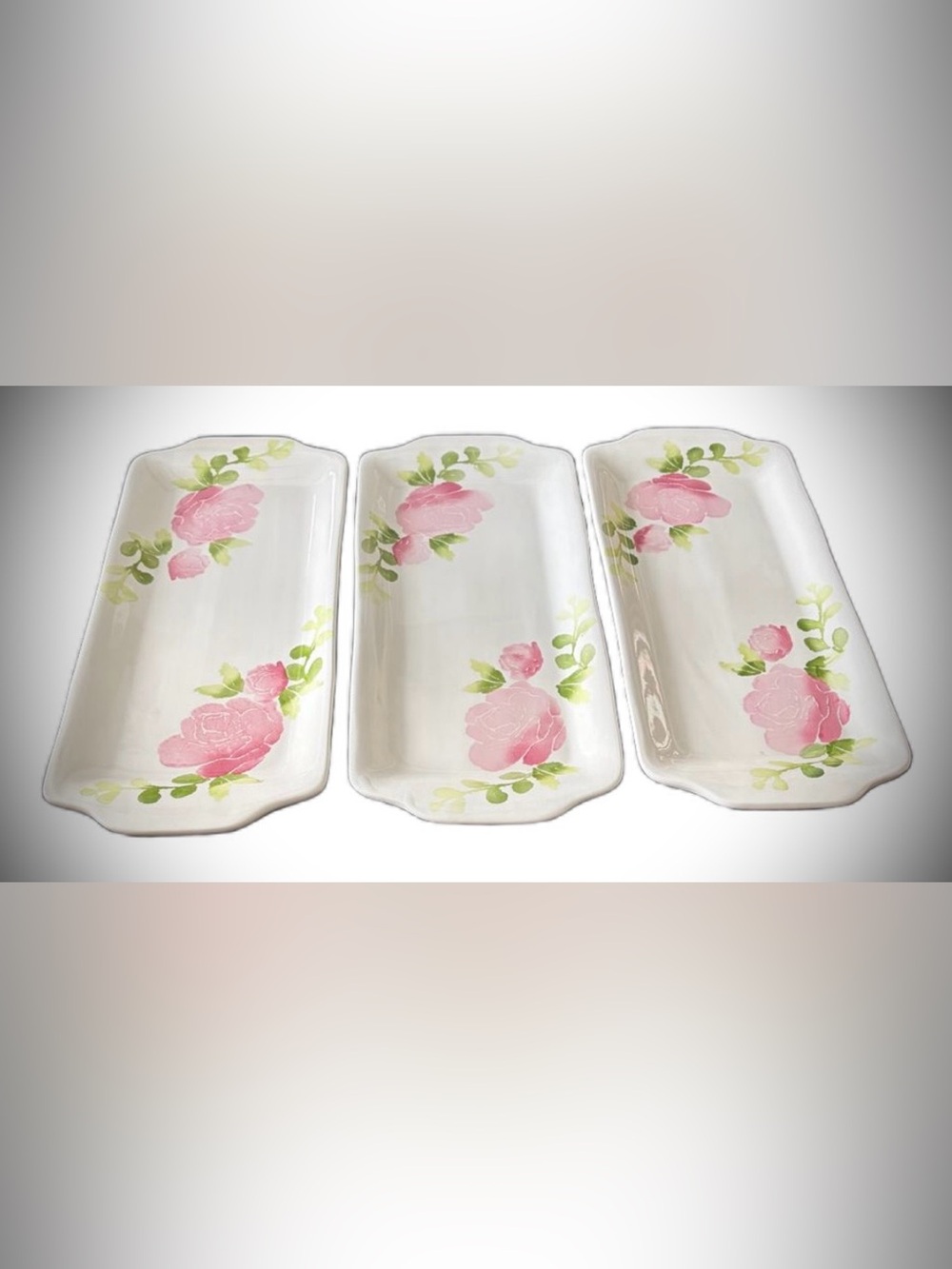 FARVAL Made in Portugal Hand Painted Pink Rose Oblong Ceramic Platters 3pc Set - Picture 3 of 6